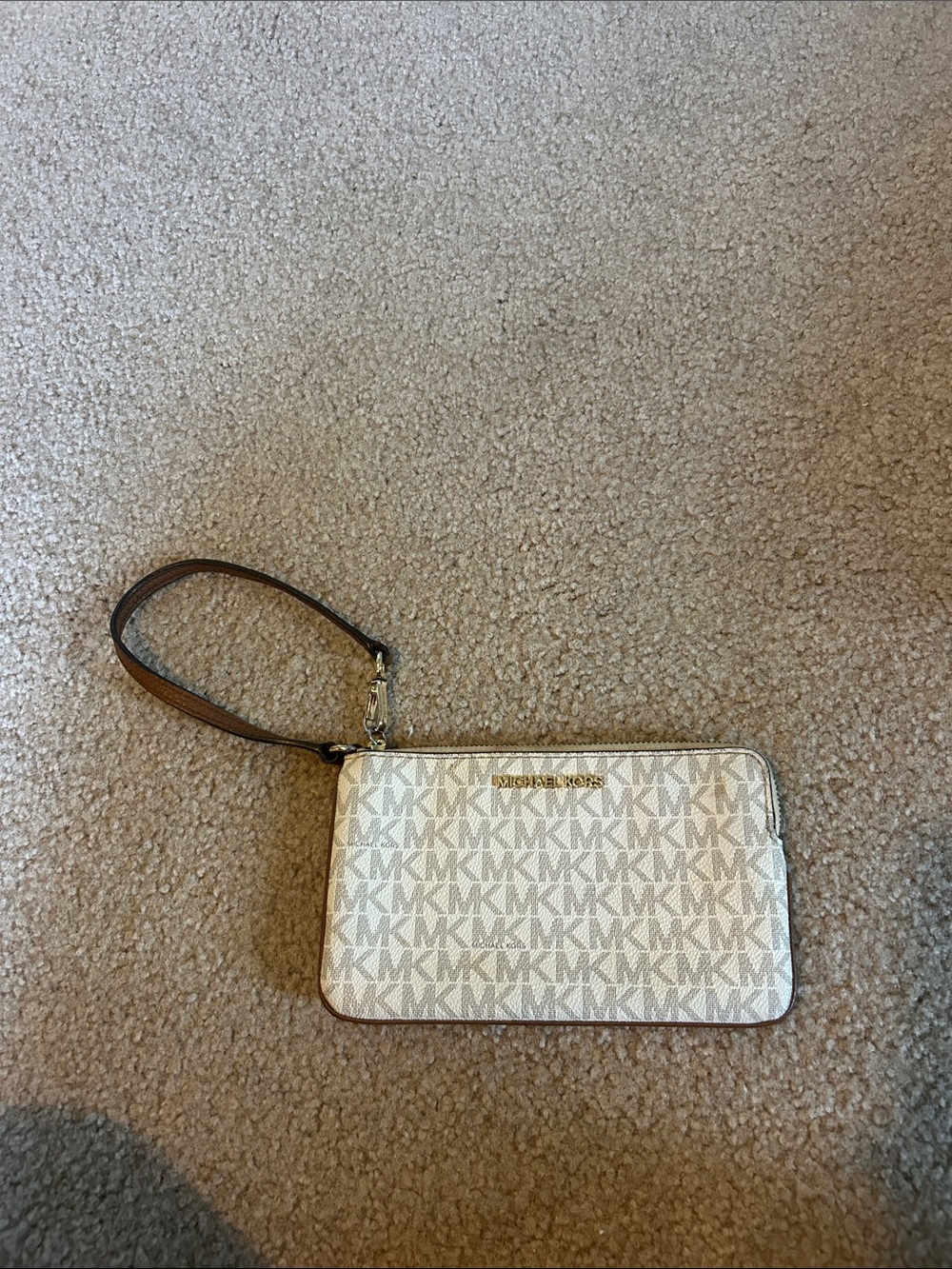Michael Kors White Logo Wristlet with Tan Trim and Gold Hardware